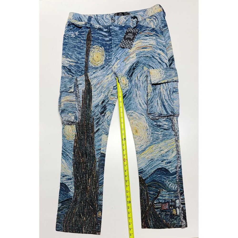 Rebel Vengeance Starry Night Tapestry Cargo Pants Mens 34 Van Gogh Woven Blue